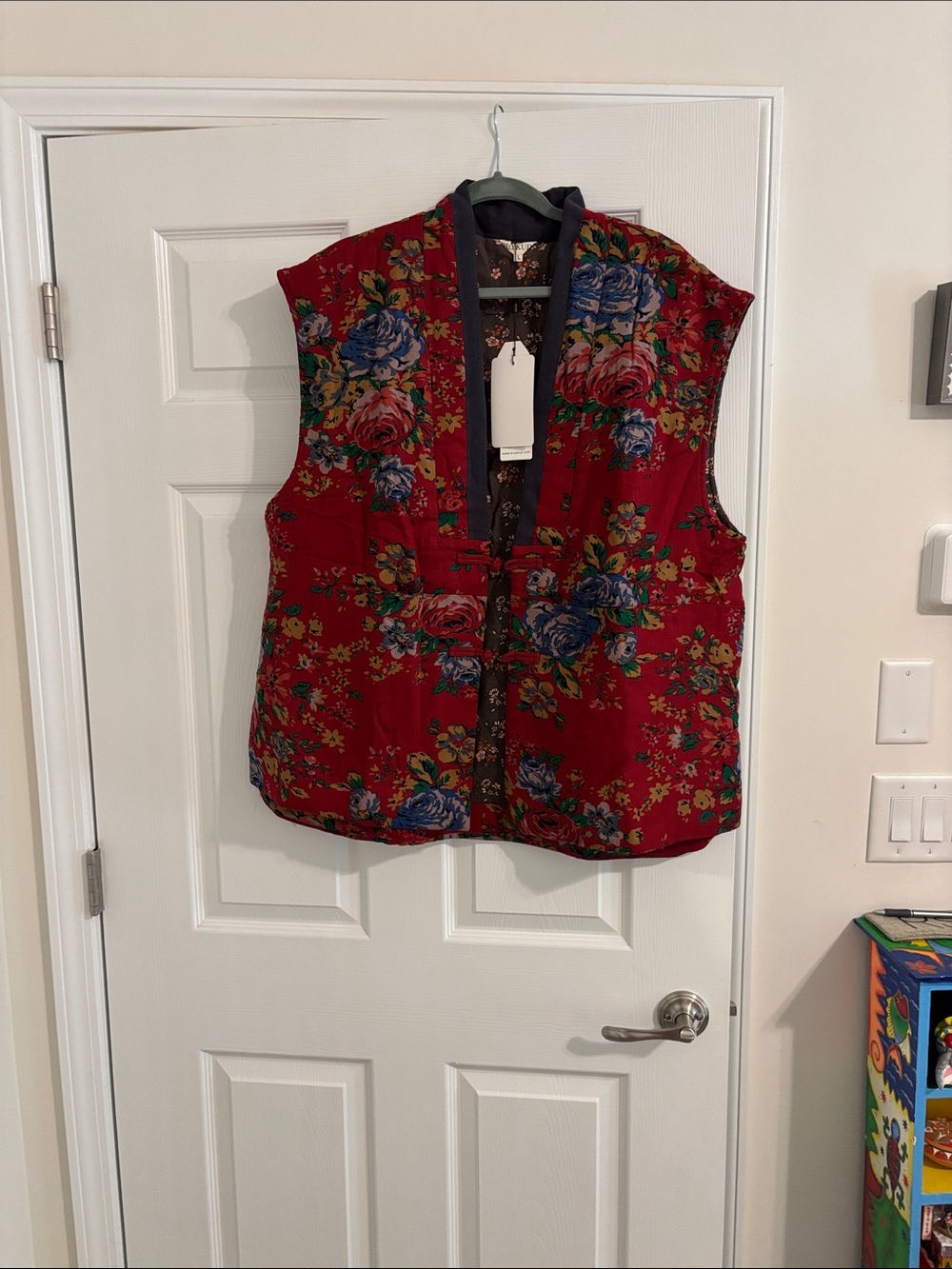 Red Floral Quilted Vest with Blue and Pink Blooms